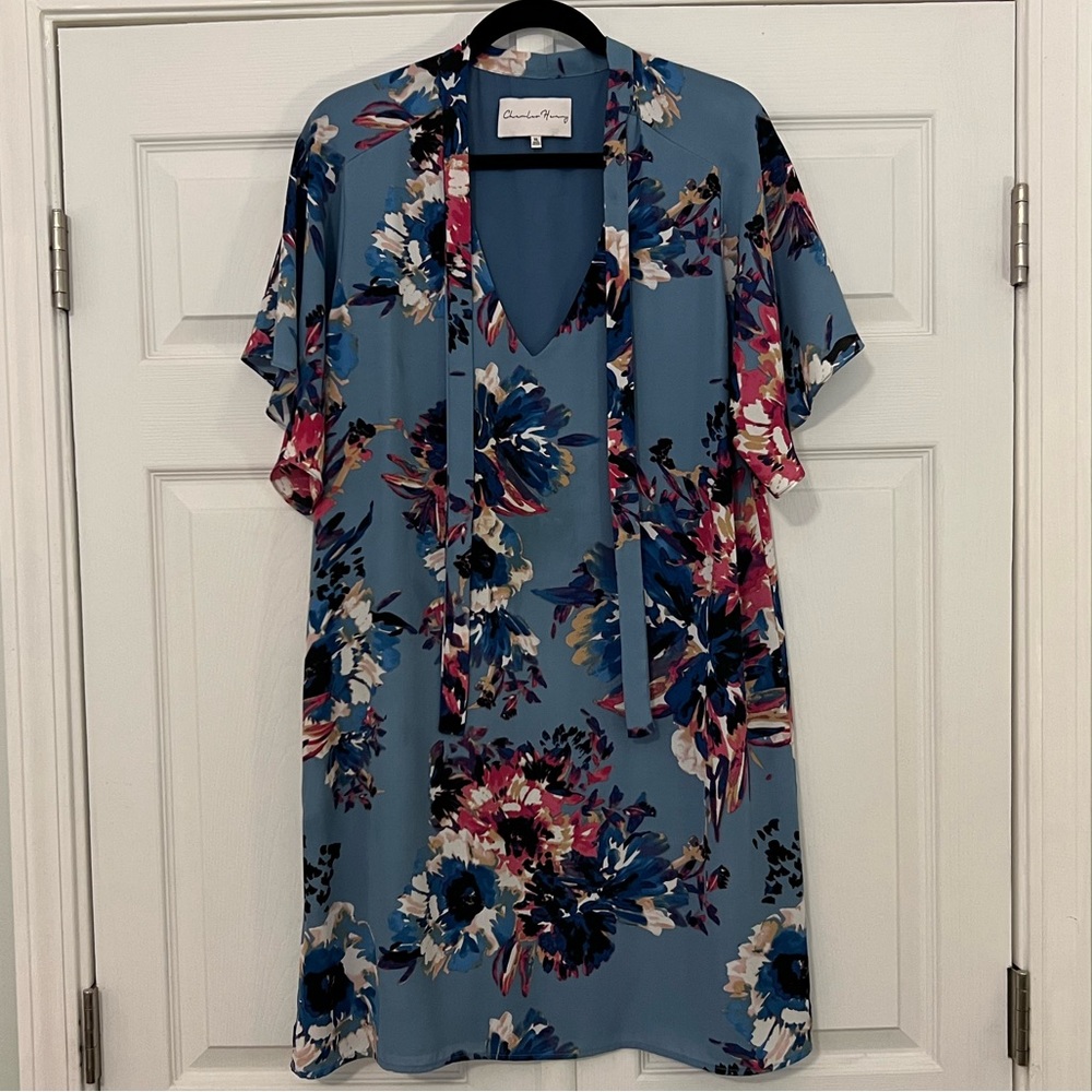XL Nordstrom Charles Henry Blue Watercolor Floral Short Sleeve Tie Dress